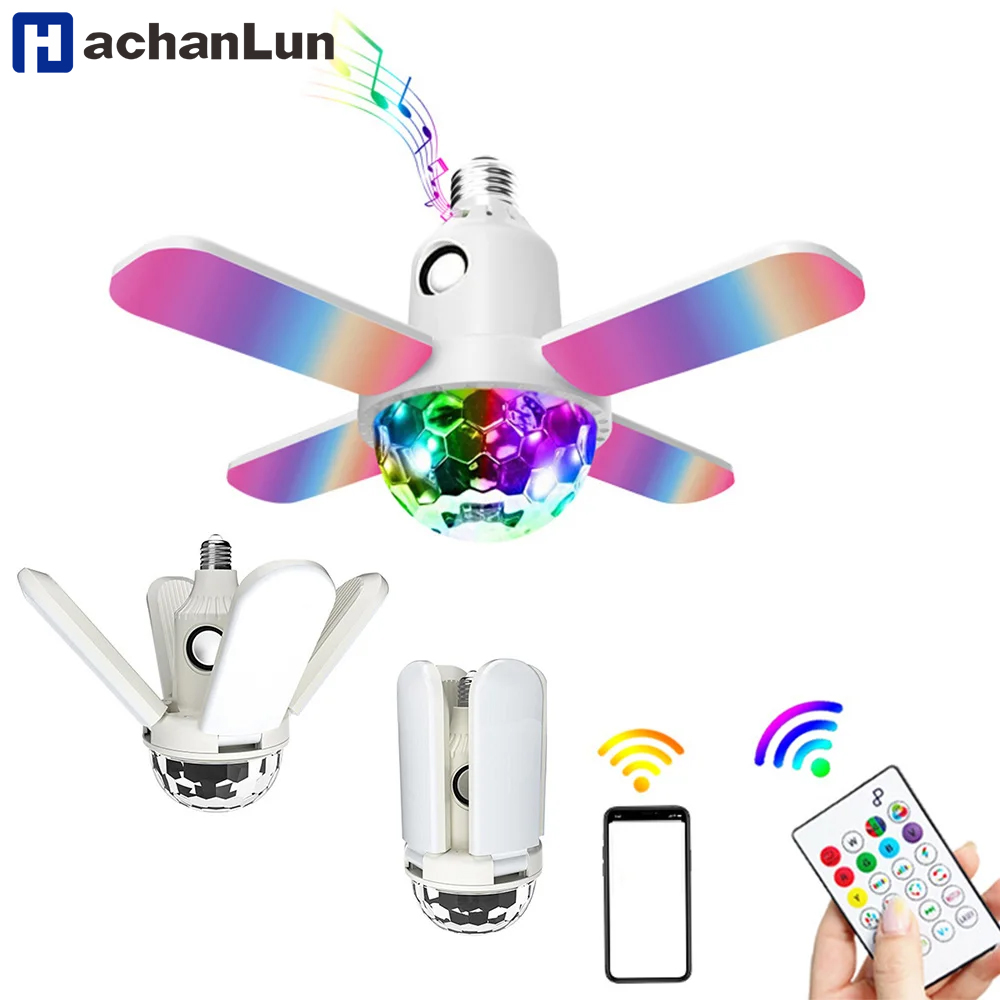 Voice Control Light Bulb - E27 หลอดไฟ LED พัดลมใบมีดสี่ใบโคมไฟเพลงลําโพงบลูทูธหลอดไฟ LED แบบพับได้โคมไฟเพดานพร้อมรีโมทคอนโทรล